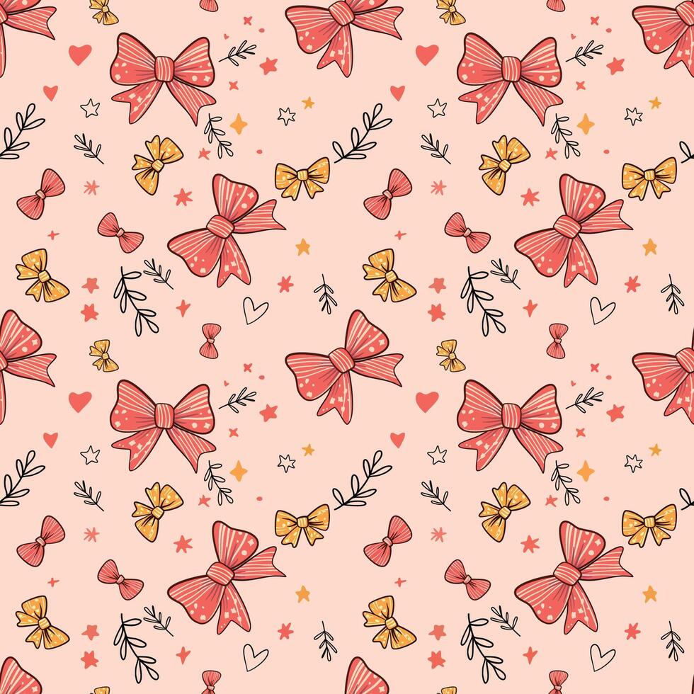 Seamless pattern of cute bows with hand-drawn hearts, stars, and leaves on a soft pink background. Ideal for festive wrapping paper, textile design, and decorative backgrounds. vector