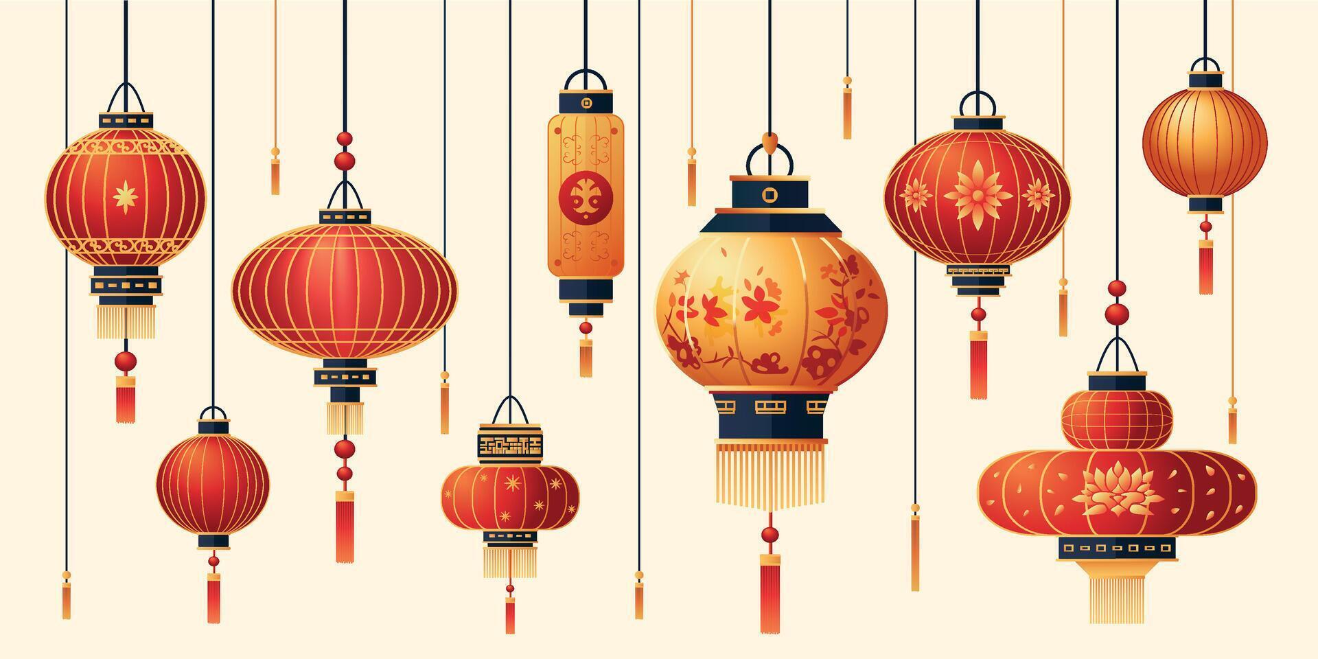 Chinese paper lantern set, group of Asian Lantern Festival and New Year decorations with ornaments. illustration, sticker pack. vector