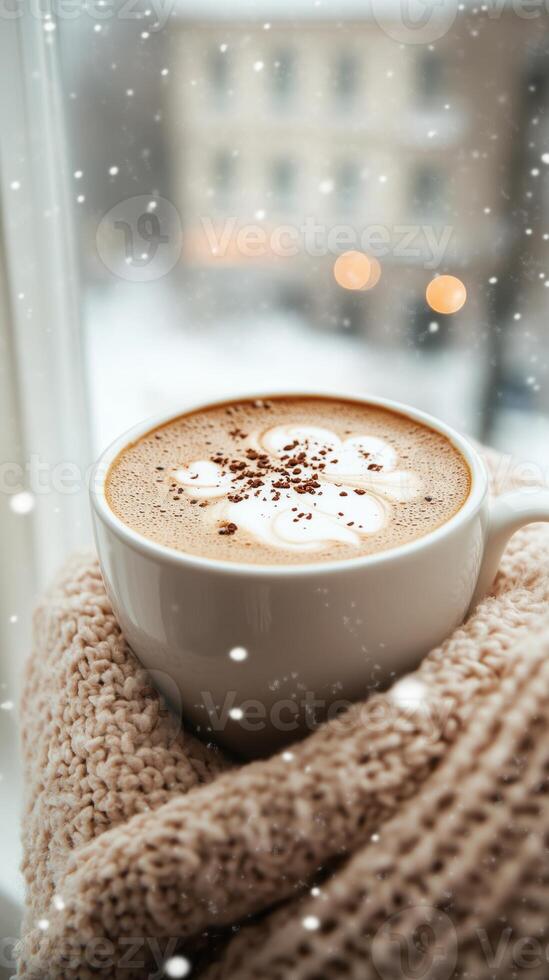 Christmas winter mug of coffee with a leaf milk on top sits on a wooden tray near window. Cozy Scandinavian Vertical stories photo