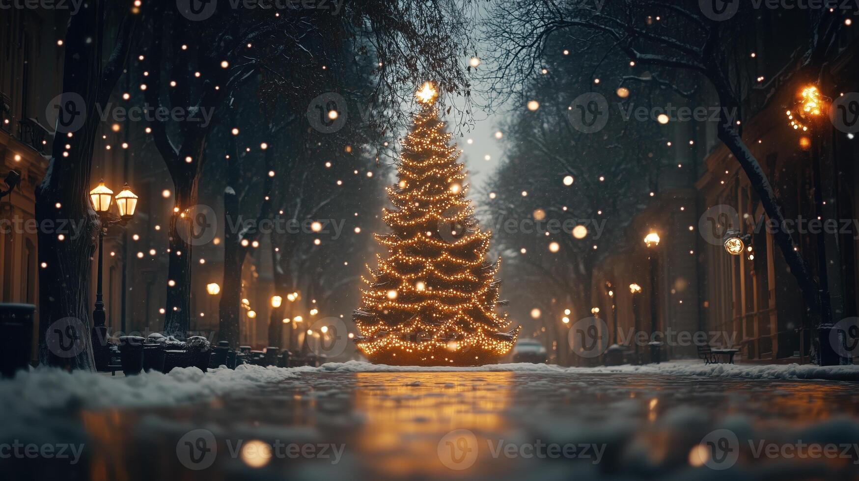 Christmas tree outdoor with snow falling, lights bokeh around holiday atmosphere. Scandinavian Xmas holiday festive New Year art design. Panorama banner photo