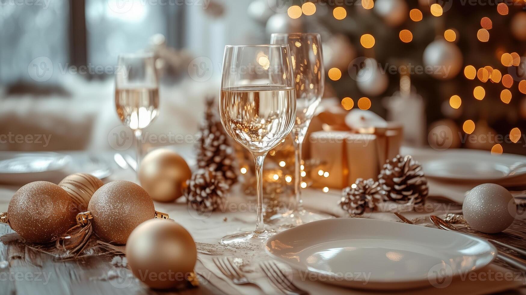 Christmas table setting decorated with wine glasses, festive ornaments, and pine cones. Scandinavian cozy panorama banner format photo