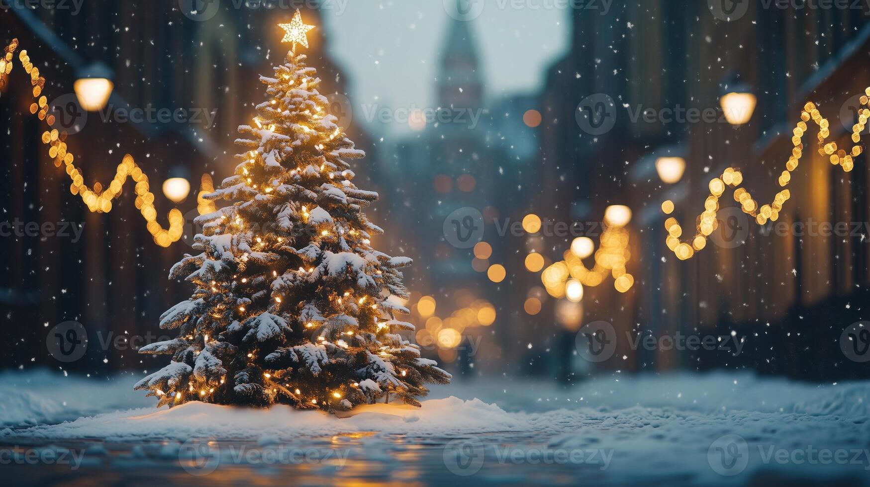 Christmas Winter background. Scandinavian Xmas tree with snow decorated with garland lights, holiday festive New Year art design. Panorama banner photo
