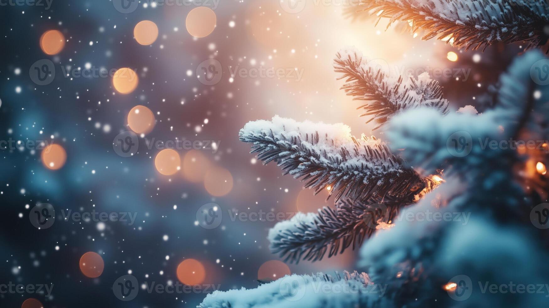 Christmas Winter background. Scandinavian Xmas tree with snow decorated with garland lights, holiday festive New Year art design. Panorama banner photo