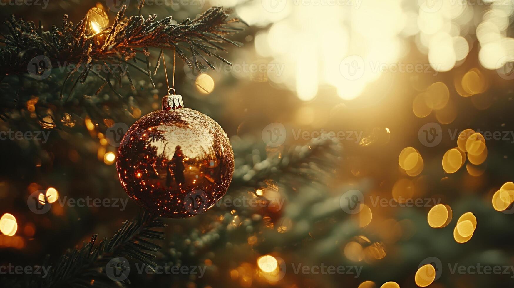 Christmas Winter background. Scandinavian Xmas tree with snow decorated with garland lights, holiday festive New Year art design. Panorama banner photo