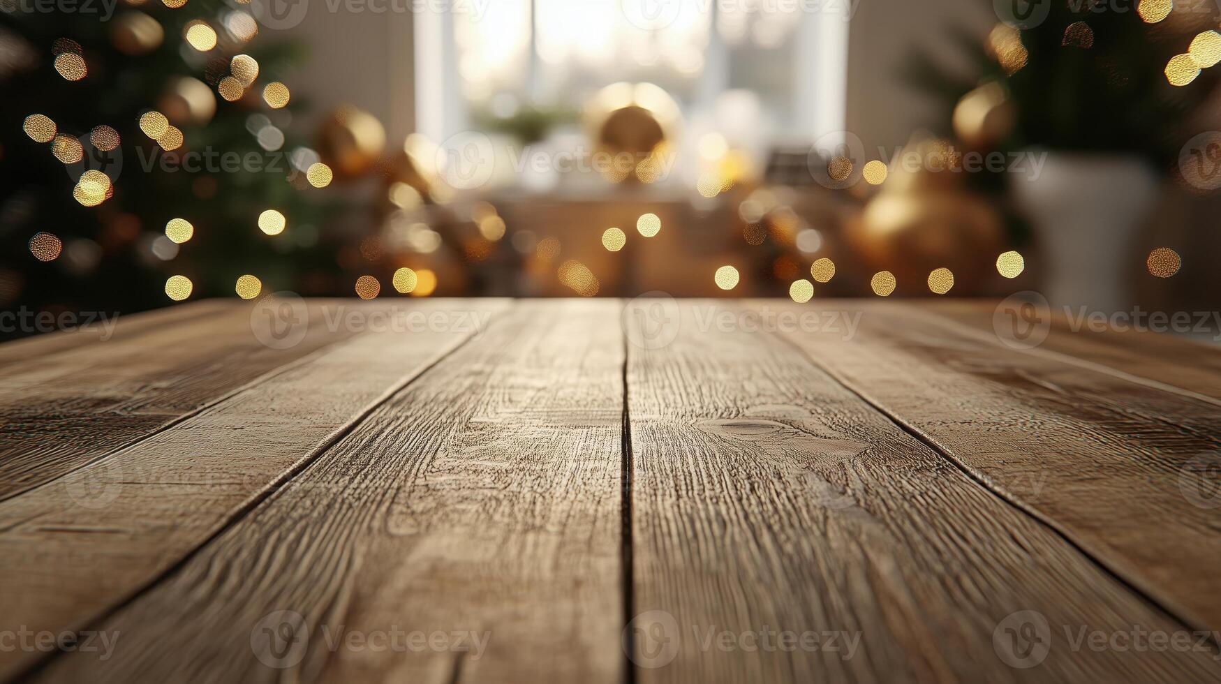 Wooden board empty table background. abstract blurred christmas theme in background. Scandinavian panorama banner format photo