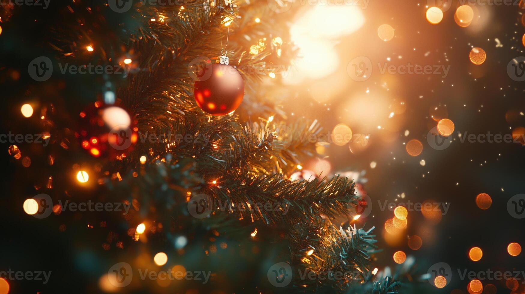 Christmas Winter background. Scandinavian Xmas tree with snow decorated with garland lights, holiday festive New Year art design. Panorama banner photo