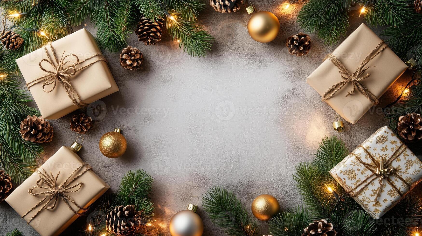 Christmas winter abstract frame background with empty copyspace. Gifts, ornaments, pine cones and fir branches framing white background. Panorama banner photo