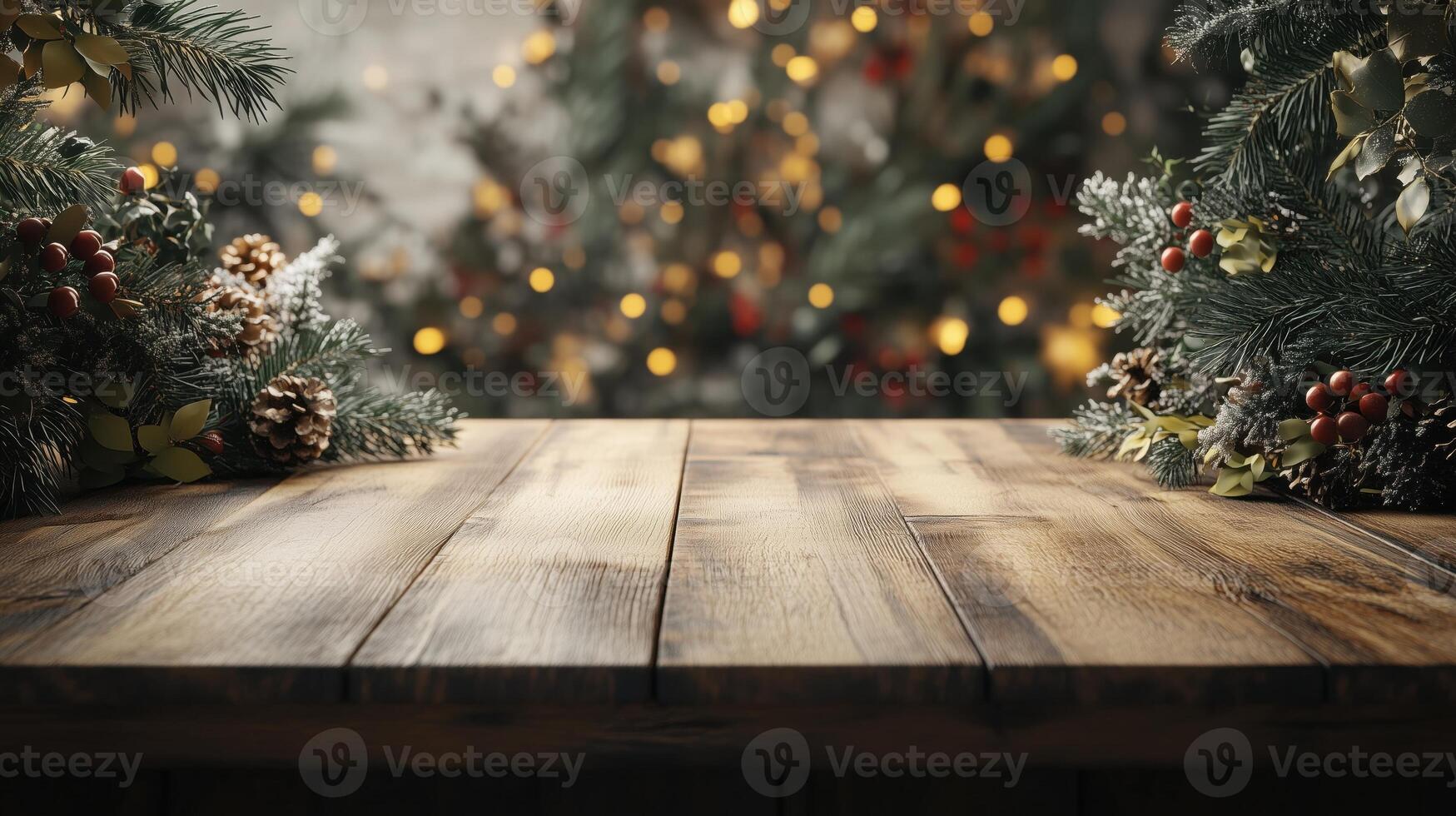 Christmas Wooden board empty table background. abstract blurred theme in winter background. Scandinavian panorama banner format photo