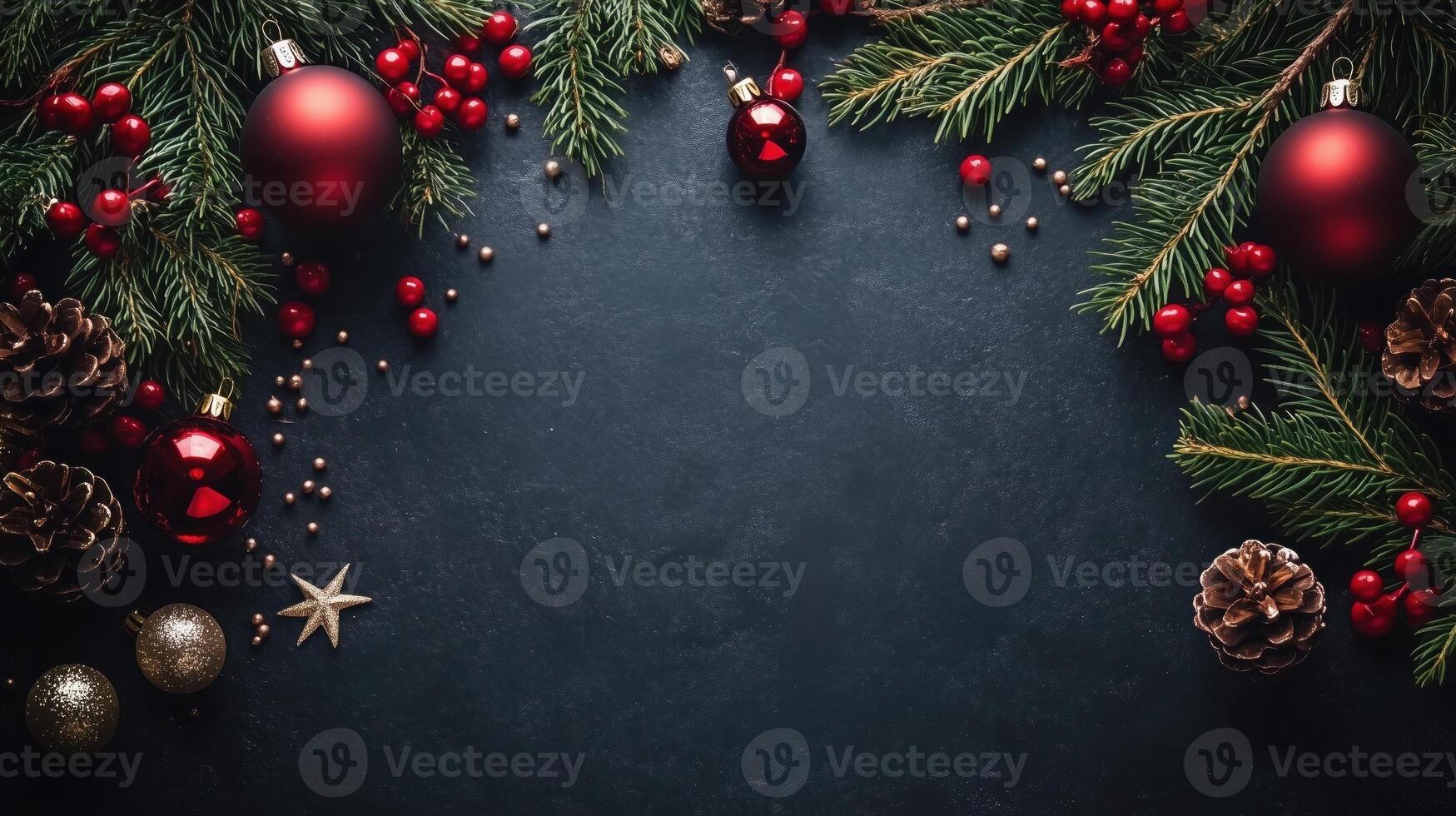 Christmas winter abstract frame background with empty copyspace. A backdrop with snowflakes and pine needles. Panorama banner photo