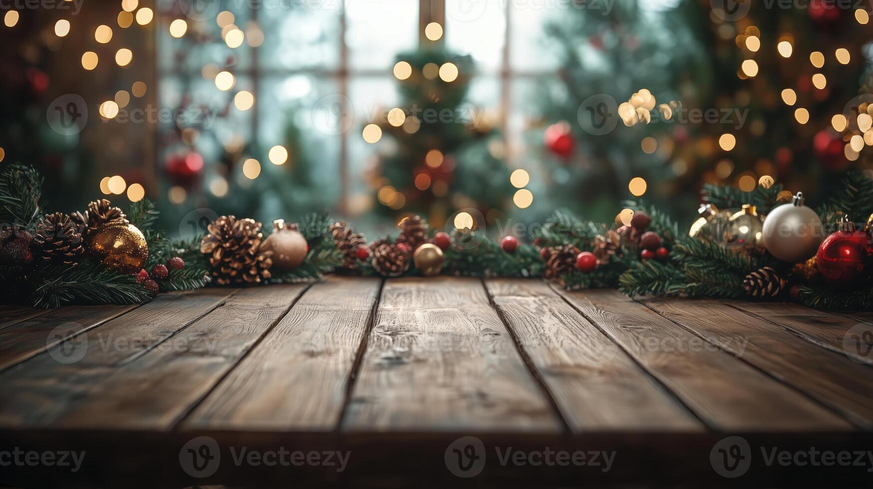 Christmas Wooden board empty table background. abstract blurred theme in winter background. Scandinavian panorama banner format photo