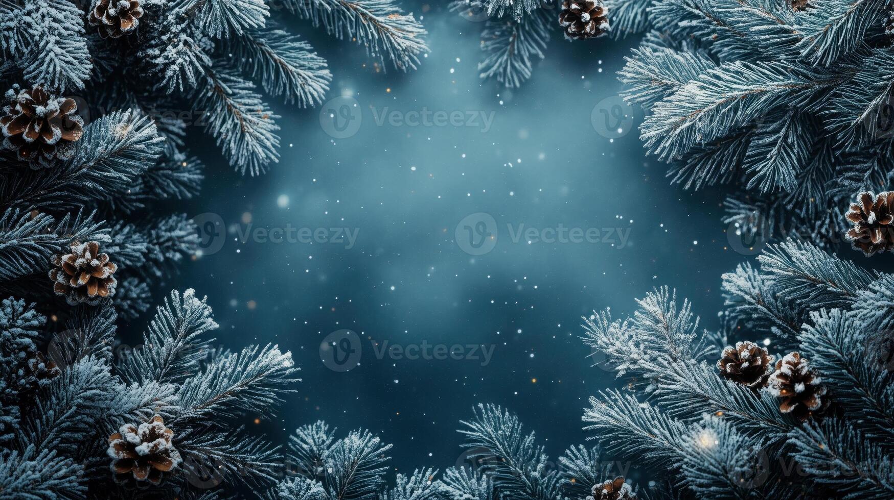 Christmas winter abstract frame background with empty copyspace. A blue backdrop with snowflakes and pine needles. Panorama banner photo