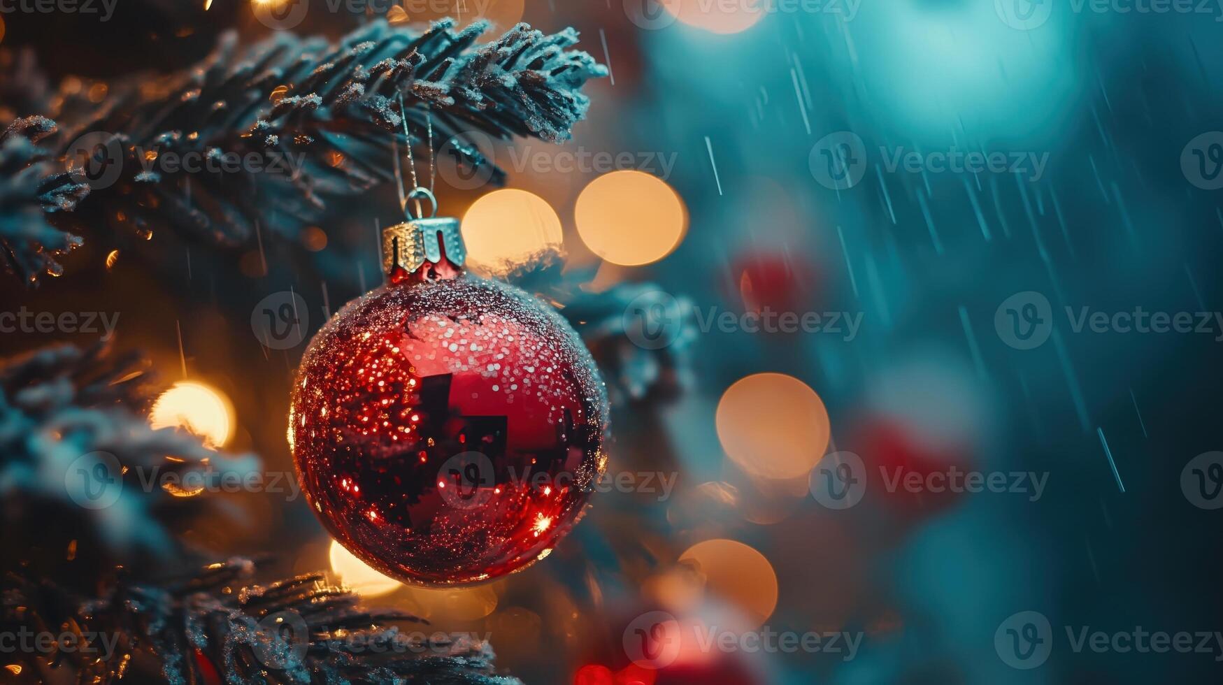 Christmas Tree background With gold Baubles close-up against backdrop of golden sparkling Christmas lights. Wide format panorama banner. Background with atmosphere of celebration and magic photo