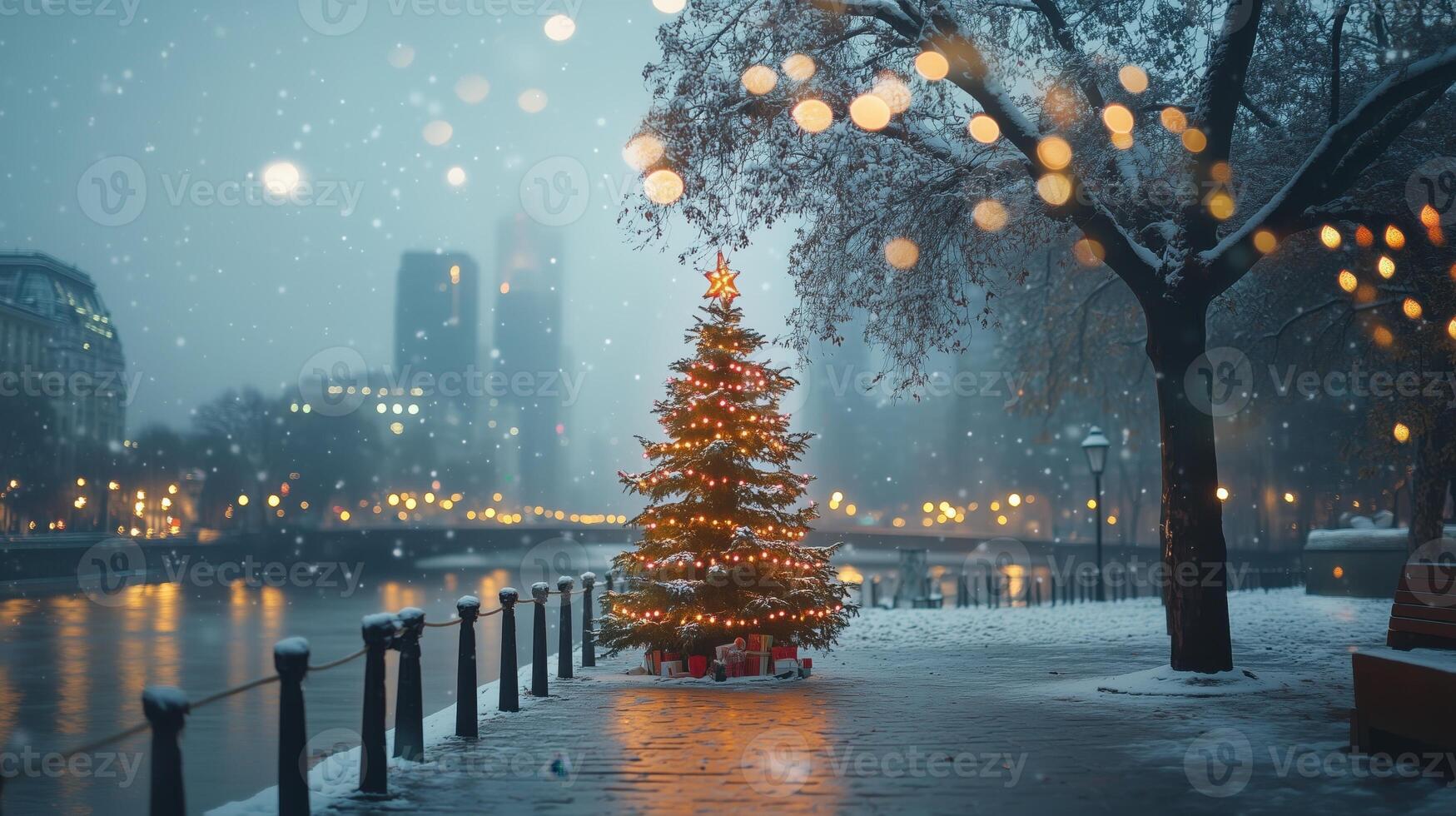 Christmas Winter background. Scandinavian Xmas tree with snow decorated with garland lights, holiday festive New Year art design. Panorama banner photo