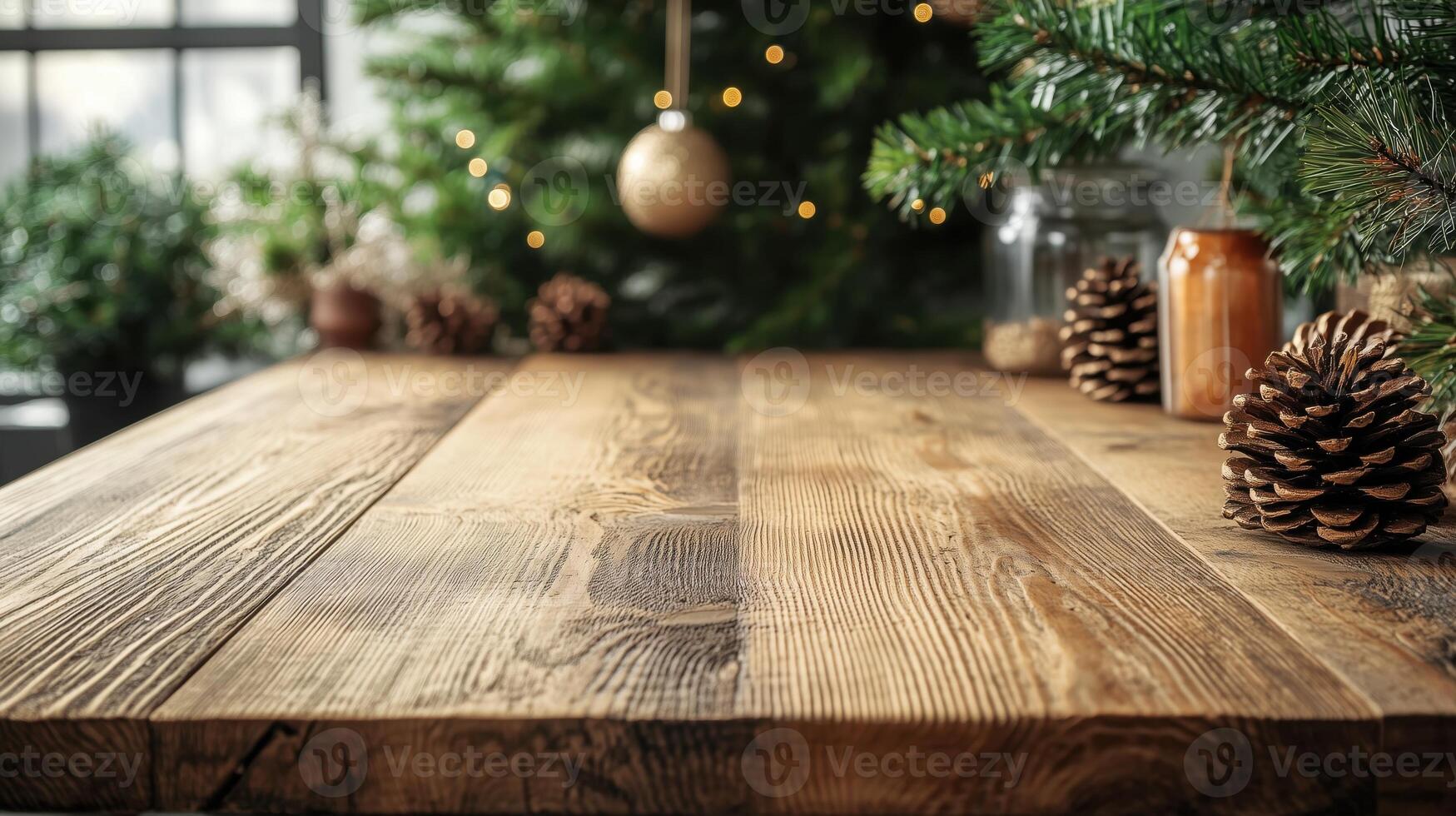Christmas Wooden board empty table background. abstract blurred theme in winter background. Scandinavian panorama banner format photo