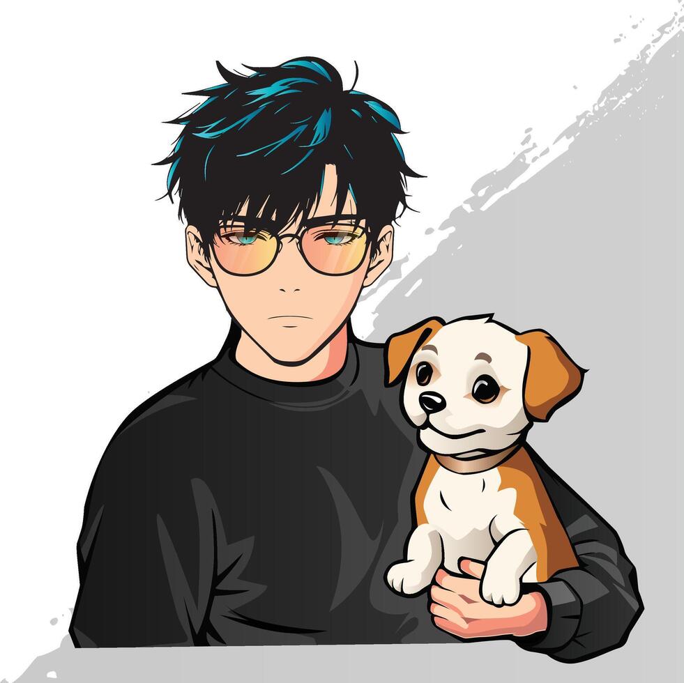 anime boy wearing glasses with cute little puppy vector