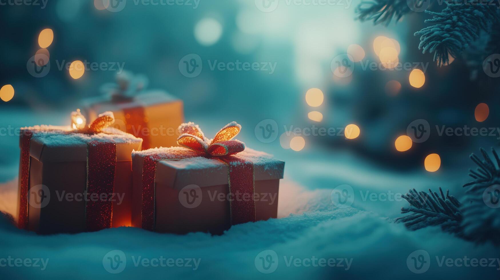 Craft gift boxes with red ribbons on top of a tree with snow. Christmas winter panorama banner background photo