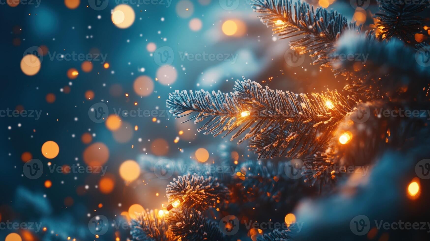 Christmas Winter background. Scandinavian Xmas tree with snow decorated with garland lights, holiday festive New Year art design. Panorama banner photo