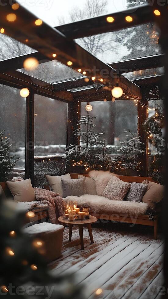 Cozy room with sofas and candles on the coffee table. Winter Christmas Eve. There are light bulbs in the room Vertical picture stories photo