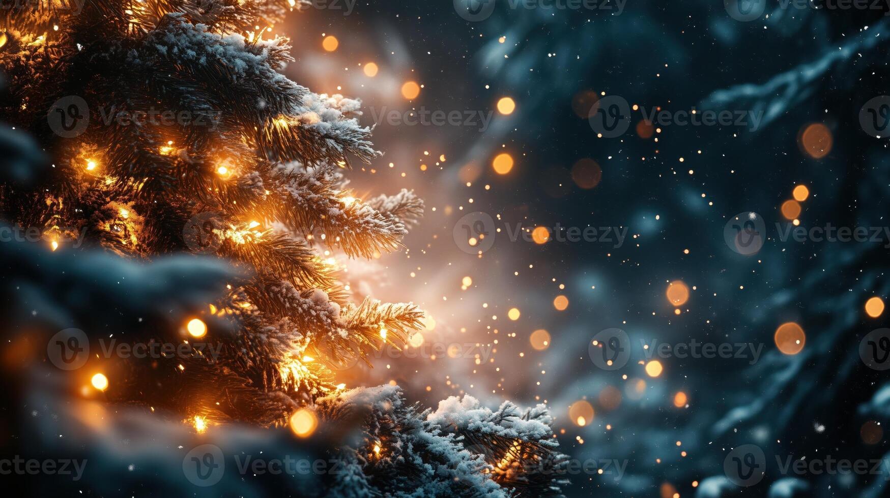Christmas Winter background. Scandinavian Xmas tree with snow decorated with garland lights, holiday festive New Year art design. Panorama banner photo