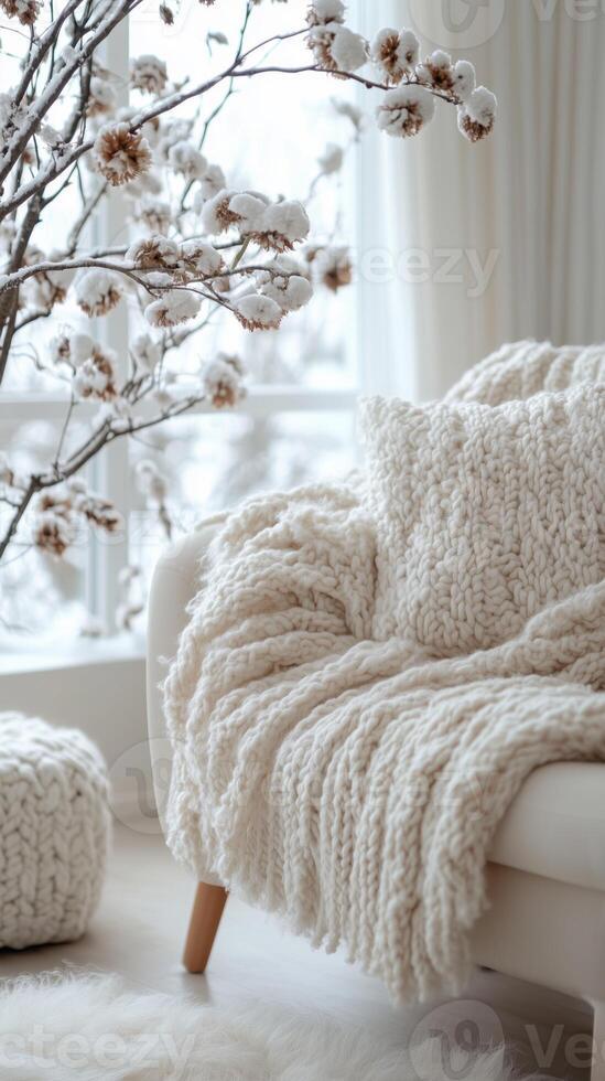 Cozy room with soft chair. Winter cozy Christmas Eve. There are light bulbs in the room Vertical picture Scandinavian stories photo