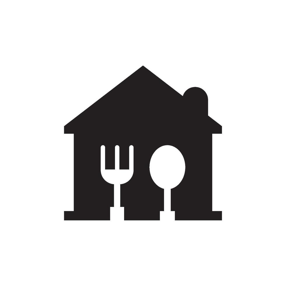 A black and white icon of a fork and knife in front of a house vector