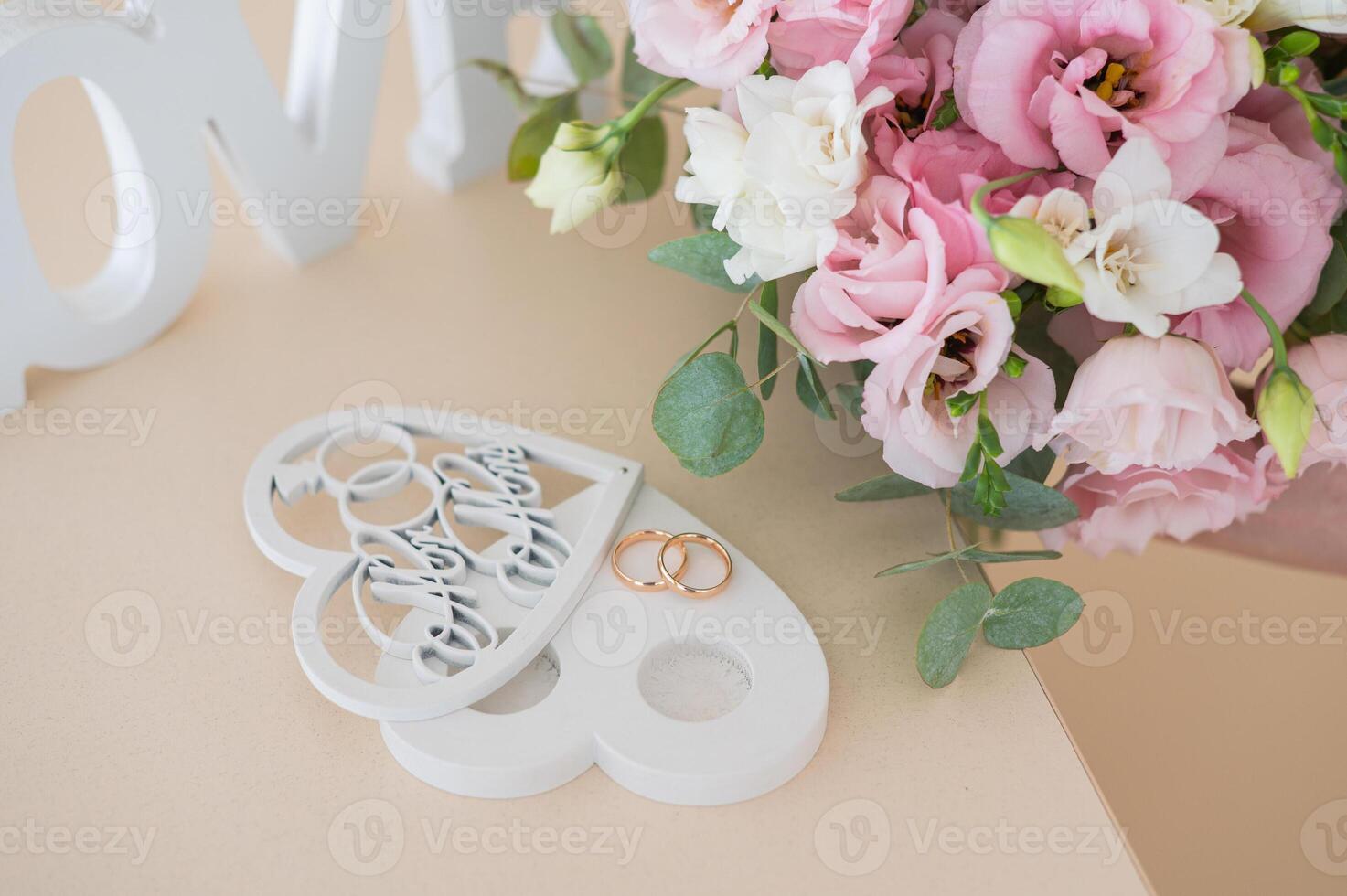 The bride bouquet and beautiful decor details for wedding ceremony. Romantic and love concept photo