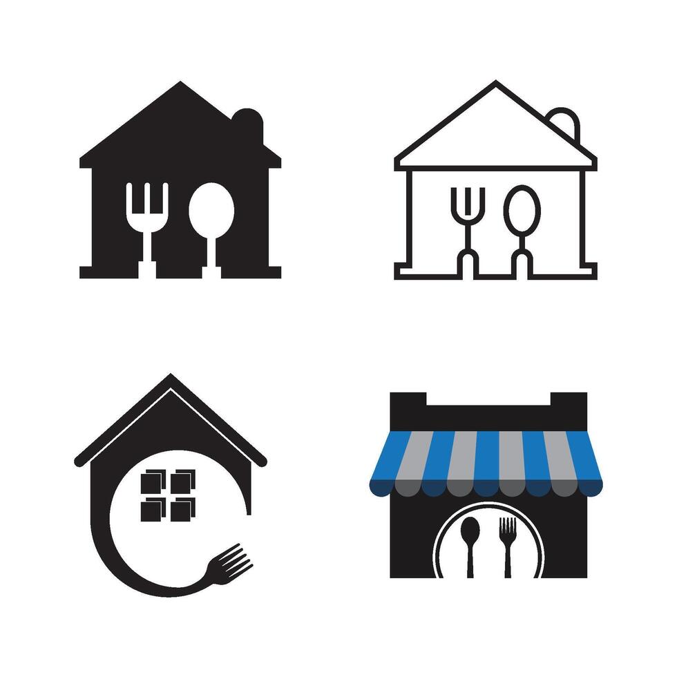 Four icons of a house, fork, spoon and knife vector