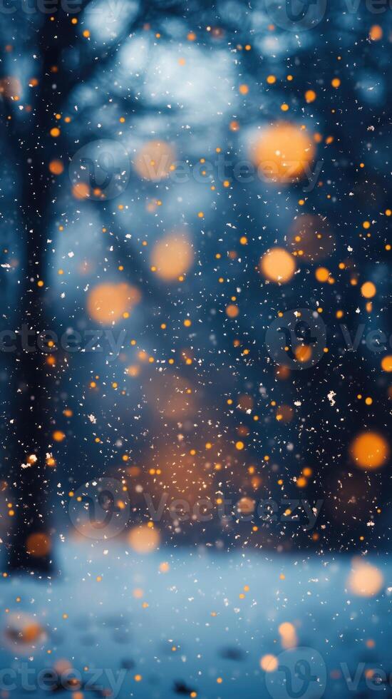 Beautiful abstract Christmas Winter Backdrop. Snow is falling and warm orange lights are shining. For a greeting card, invitation with place for text Vertical picture stories photo