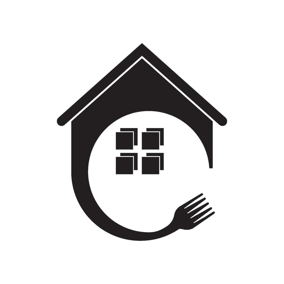 A black and white logo of a house with a fork and knife vector