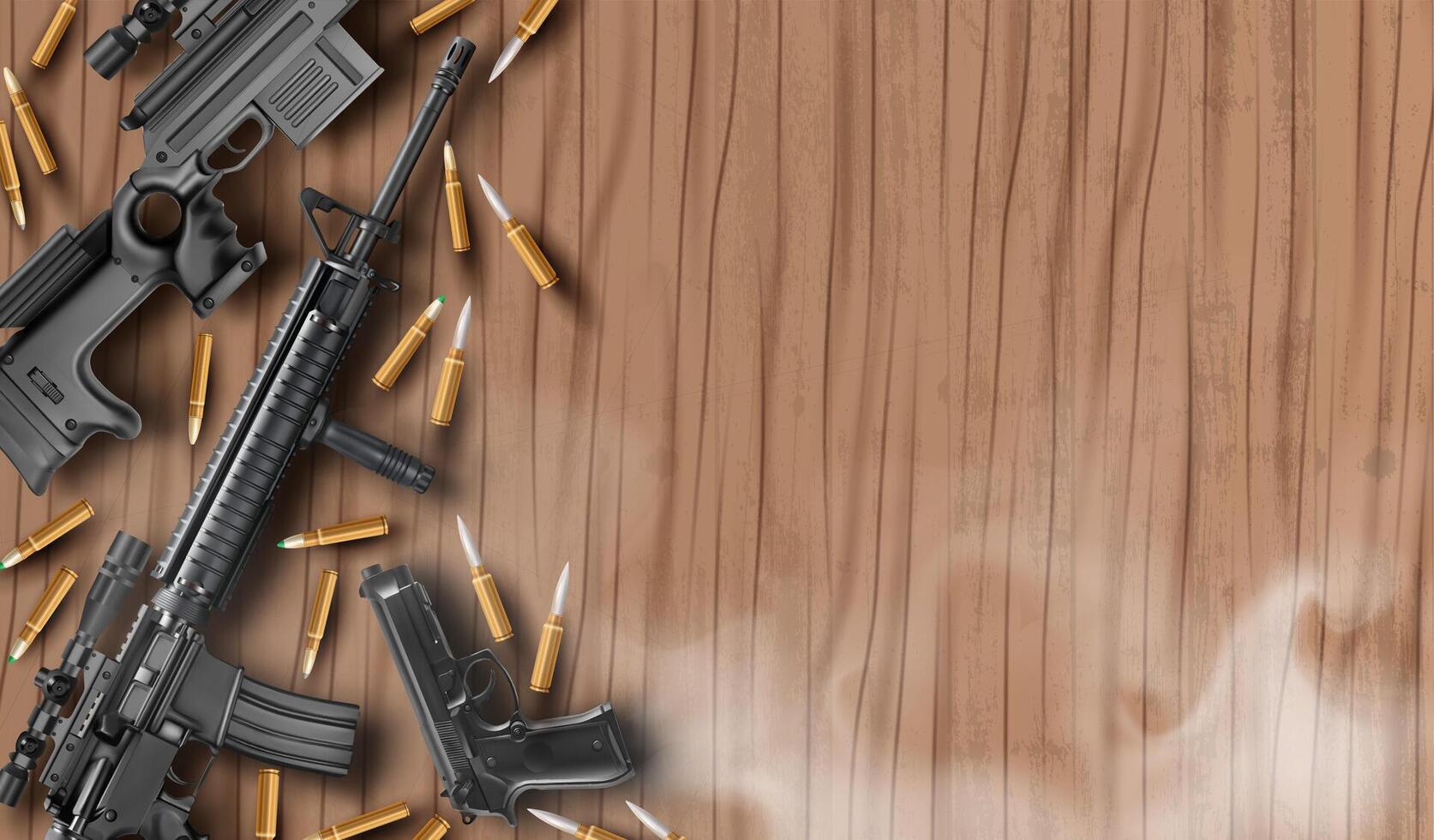 military weapons on the table with cartridges, firearms, modern weapons vector