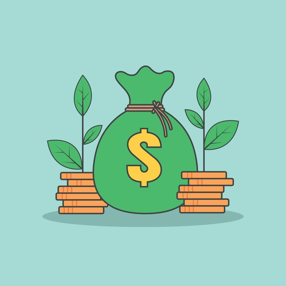 Sack Of Money And Money Coins Icon Illustration. Money Bag Flat Icon vector