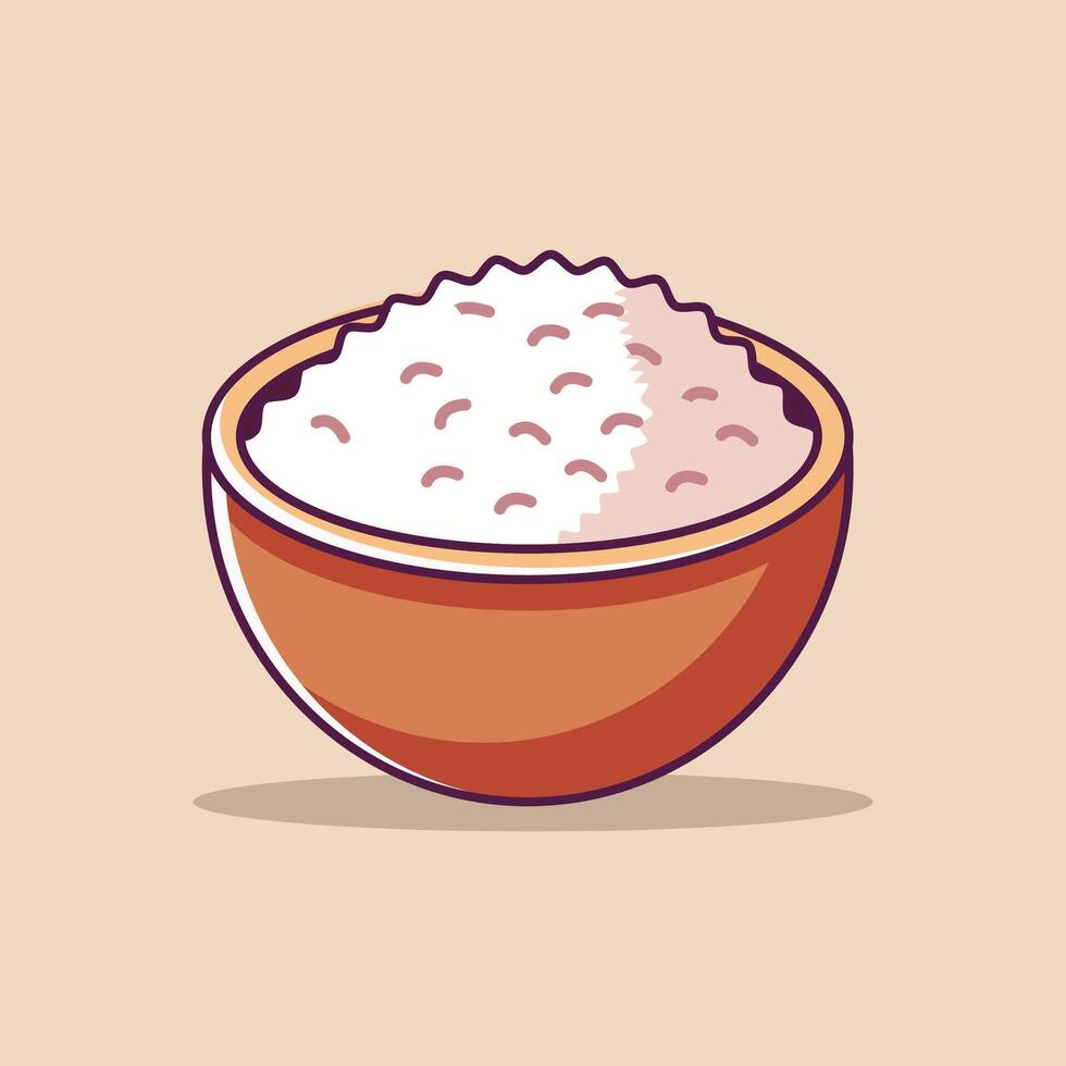 Rice In A Bowl Cartoon Illustration. Rice Food Flat Icon Outline vector