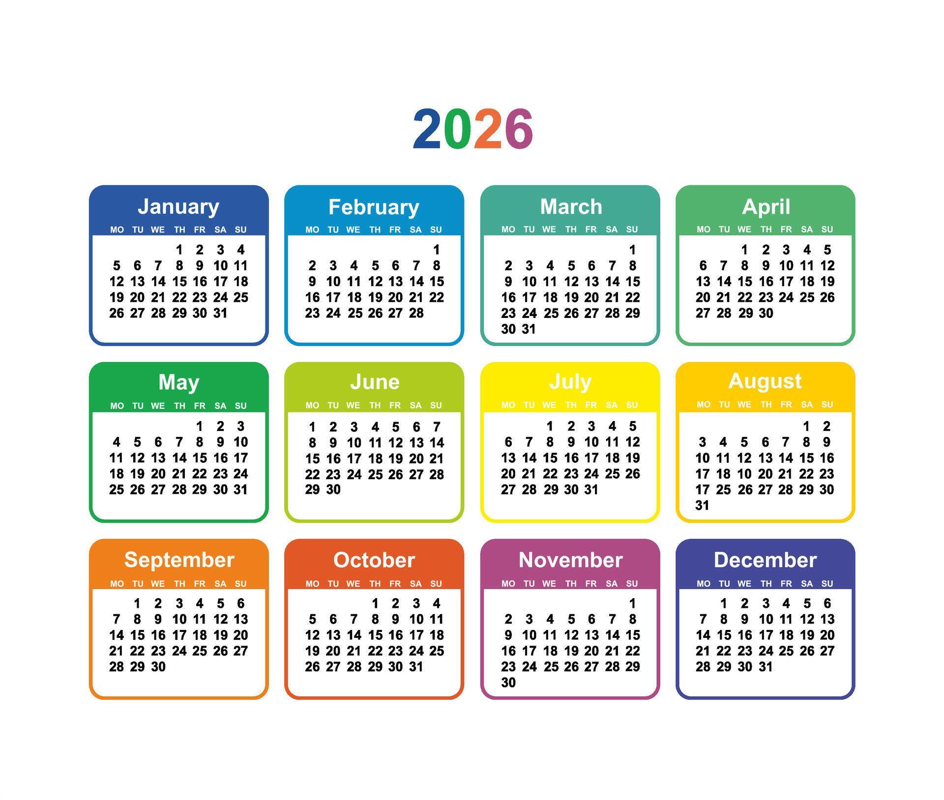 Calendar grid 2026 colorful Simple layout of pocket or wall calendar