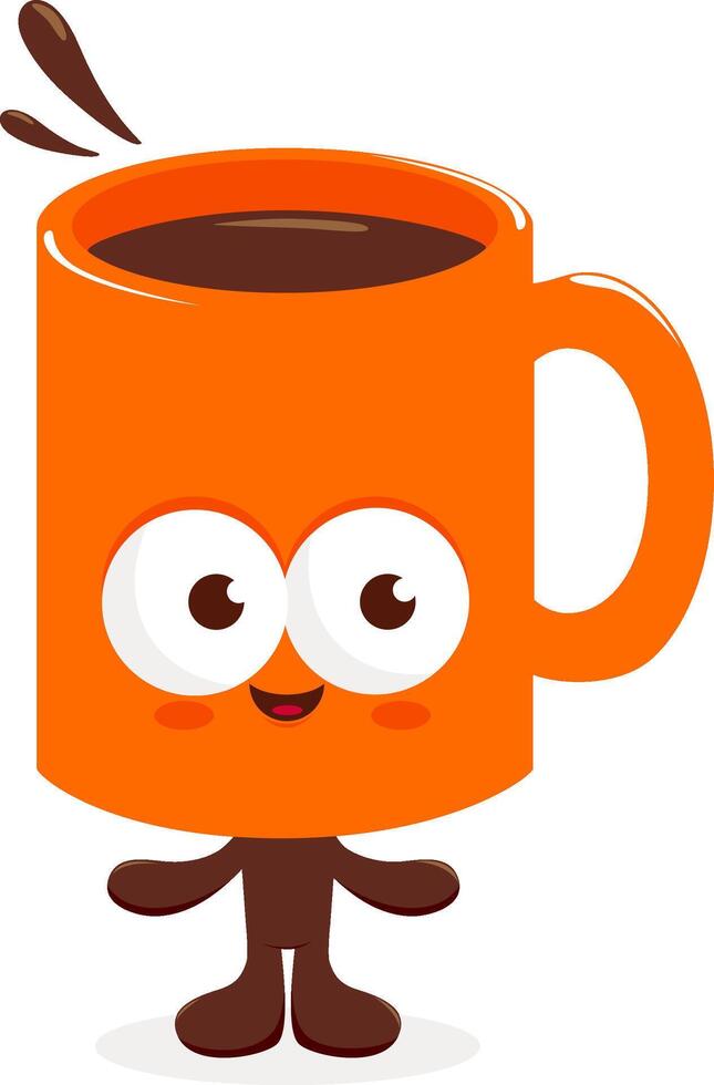 Happy hot cup of coffee or cocoa character. Cartoon hot breakfast drink, cafe, tea or cocoa. Coffee mug. vector