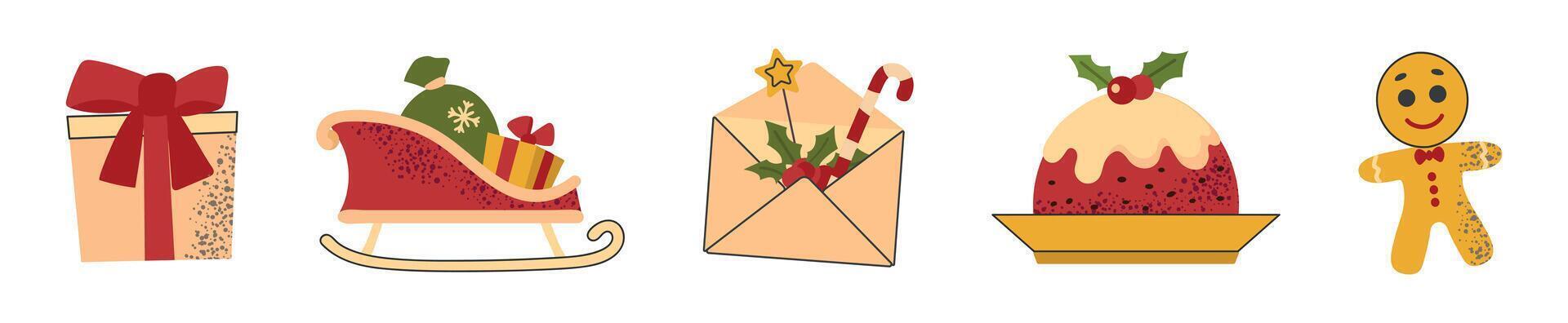Set collection of Christmas New Year elements icons cliparts gift Santa sleigh gingerbread man envelope pudding vector