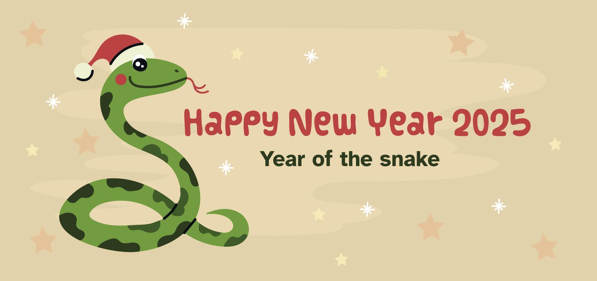 Happy New Year 2025 card poster banner design illustration with funny snake vector