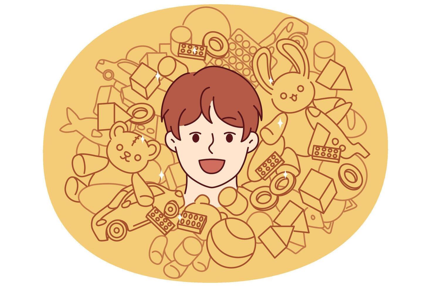 Face of teenager boy among toys and constructor for entertainment or development of child vector