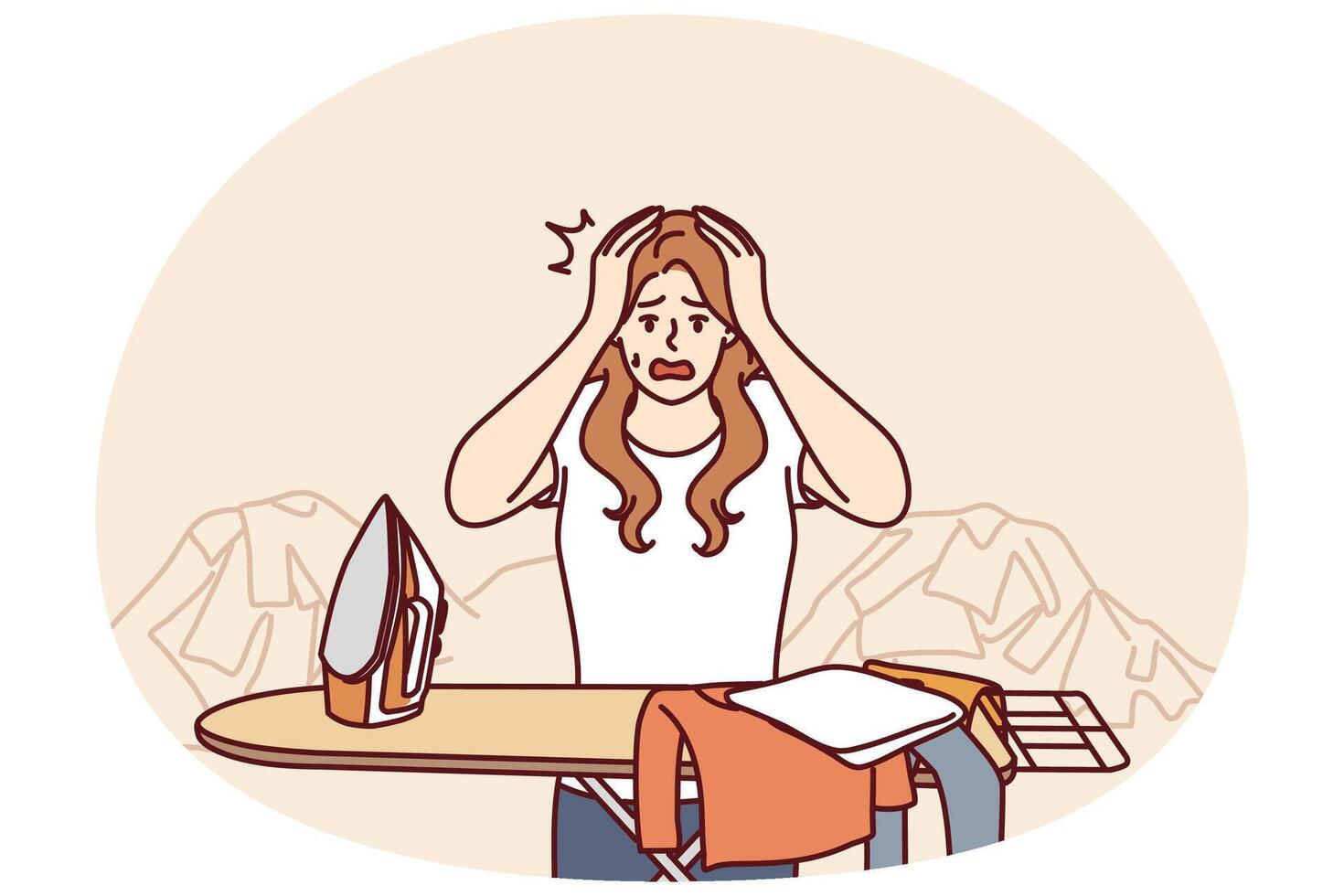 Housewife woman ironing clothes and clutching head in panic due to overload and fatigue vector