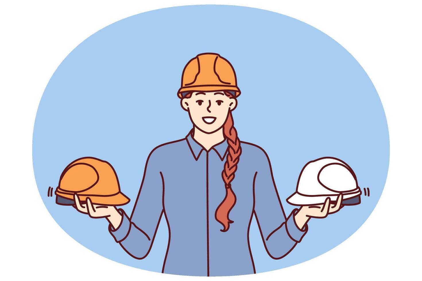Woman foreman of construction company holds protective helmets for workers and builders vector