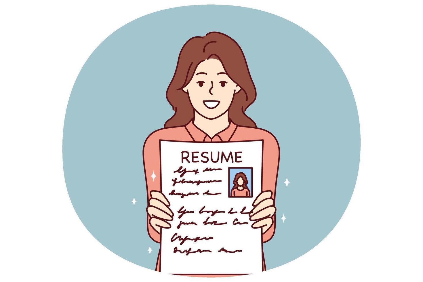 Woman shows resume to find job and smiles, wishing to get vacant position in large corporation vector