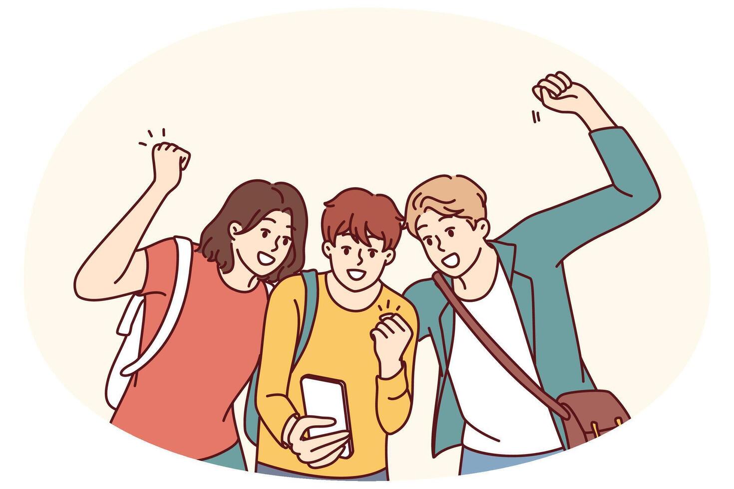 Overjoyed students with phone rejoice receive SMS notification about cancellation classes at college vector