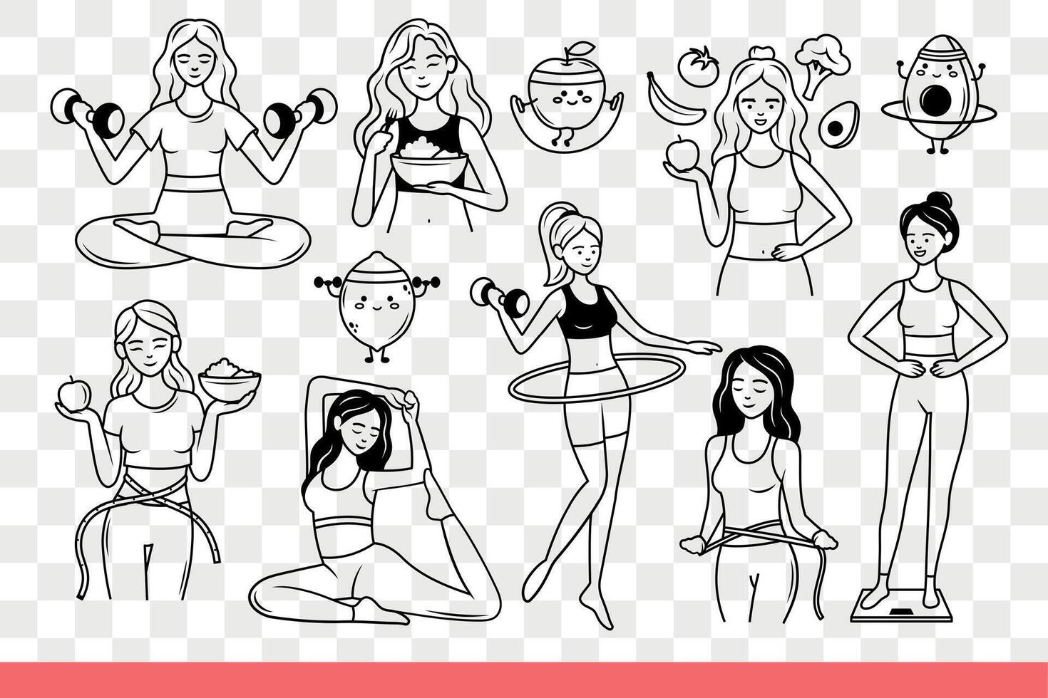 Lead healthy lifestyle and use organic diet or exercise to improve their well-being. Hand drawn. vector