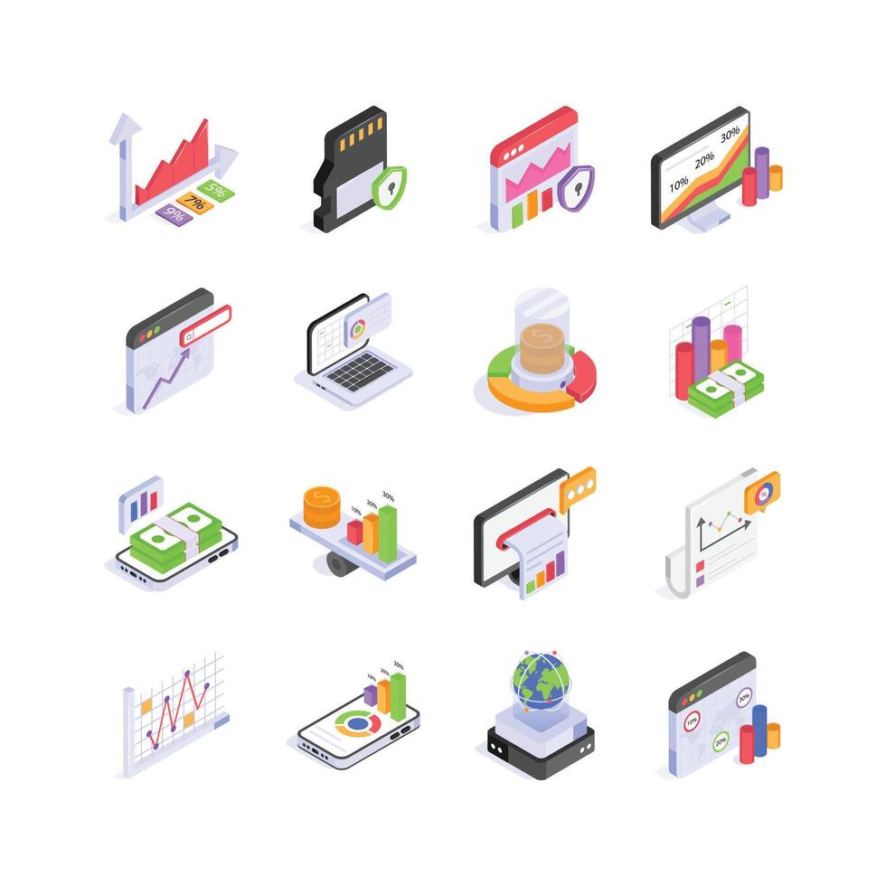 This pack of colorful isometric icons presents diverse business concepts, including data analysis vector