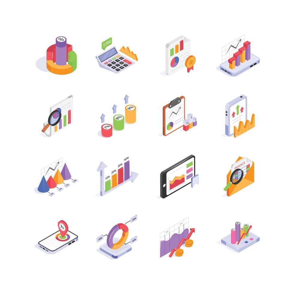 This vibrant set of isometric icons showcases various aspects of business and finance data analysis vector