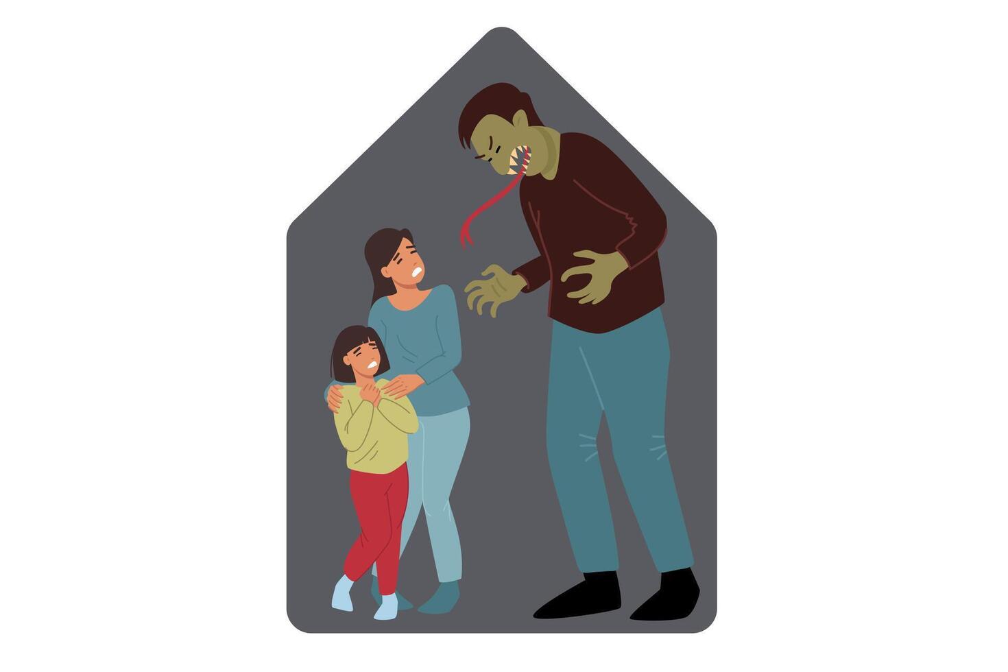 Domestic violence from tyrant man shouting at woman and child suffering from toxic family atmosphere vector