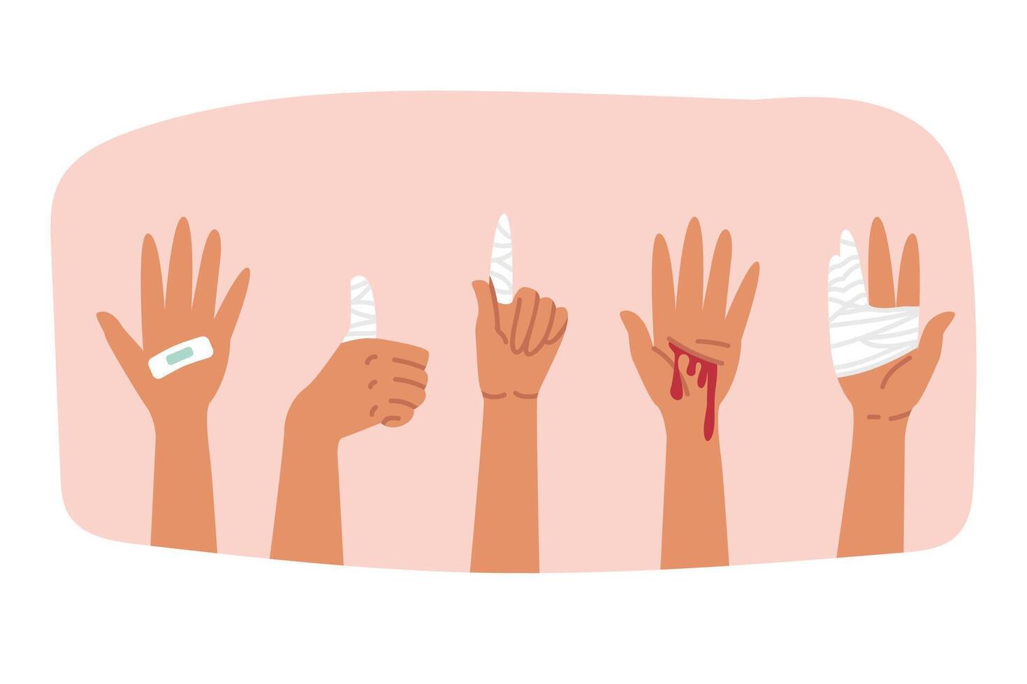 Wounded hands and fingers are wrapped in bandages or covered with adhesive tape. vector