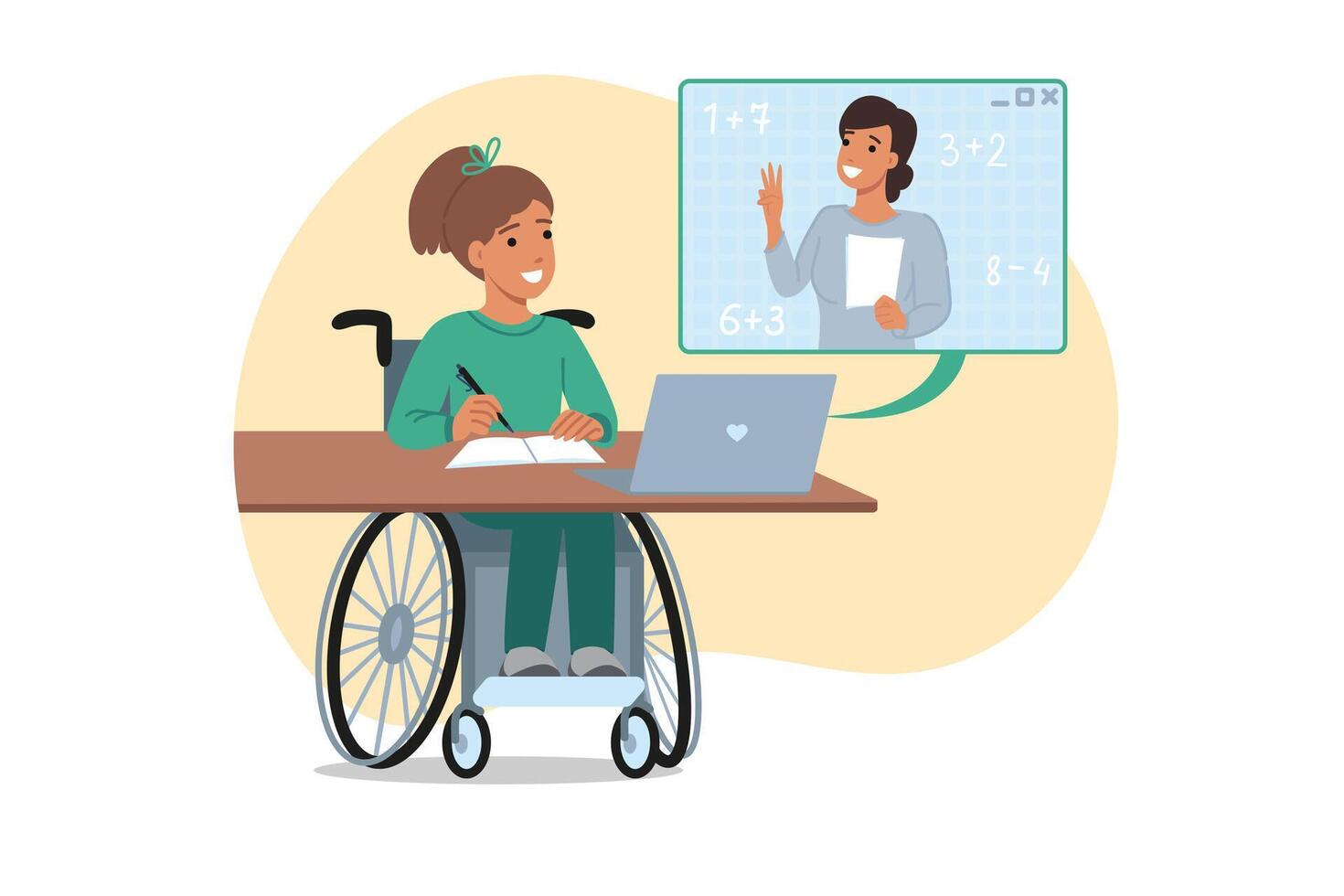 Inclusive education for teenage girl sitting in wheelchair during online math lesson vector