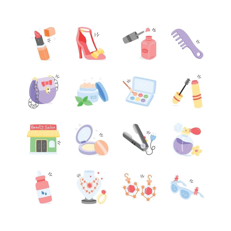 This whimsical icon set features colorful illustrations of beauty products, accessories, and tools, vector