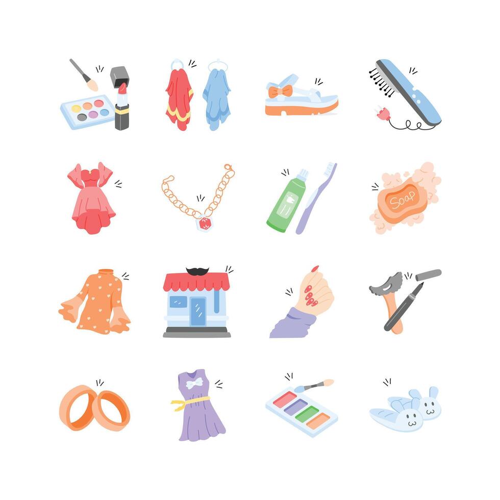 Cute, trendy icons depict clothing, cosmetics, accessories, and personal care items vector