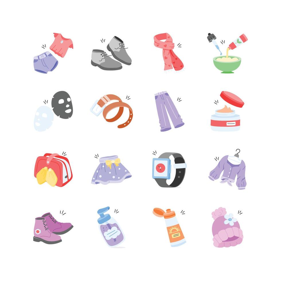 icons showcasing a variety of clothing, accessories, and skincare products vector